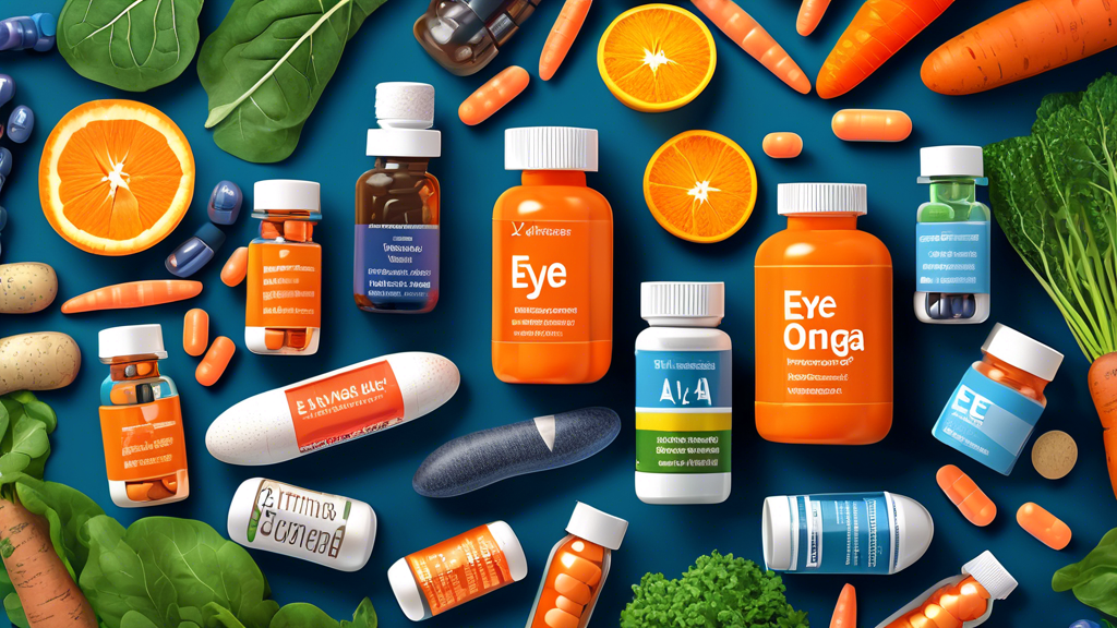 A vibrant, detailed illustration of a variety of supplements and natural foods known for promoting eye health. The image features colorful capsules, tablets, and bottles labeled with vitamins such as