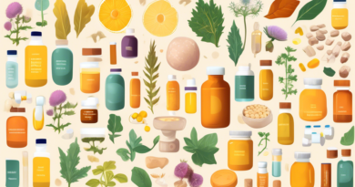 A detailed illustration showing various supplements beneficial for liver health, arranged in an organized manner around a vibrant, healthy liver. The supplements, which could include milk thistle, tur