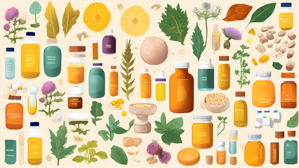 A detailed illustration showing various supplements beneficial for liver health, arranged in an organized manner around a vibrant, healthy liver. The supplements, which could include milk thistle, tur
