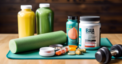 Create an image that showcases various health and fitness supplements arranged neatly on a wooden table. Include protein powder, BCAAs, fish oil capsules, a multivitamin bottle, a shaker bottle, and a