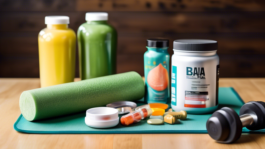 Create an image that showcases various health and fitness supplements arranged neatly on a wooden table. Include protein powder, BCAAs, fish oil capsules, a multivitamin bottle, a shaker bottle, and a