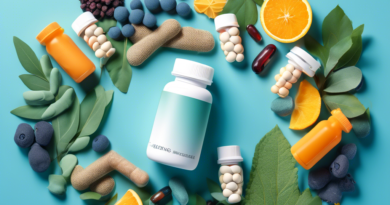 Create an image of a variety of supplements and vitamins displayed artistically against a backdrop of healthy lungs. Some supplements could have labels like Vitamin C, Bromelain, and Omega-3. The back
