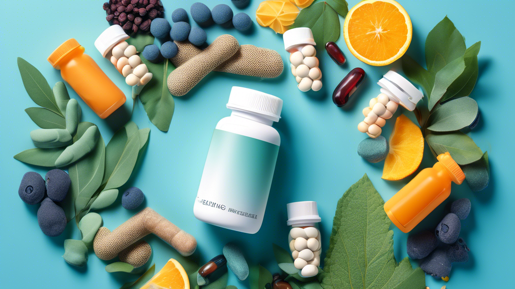 Create an image of a variety of supplements and vitamins displayed artistically against a backdrop of healthy lungs. Some supplements could have labels like Vitamin C, Bromelain, and Omega-3. The back