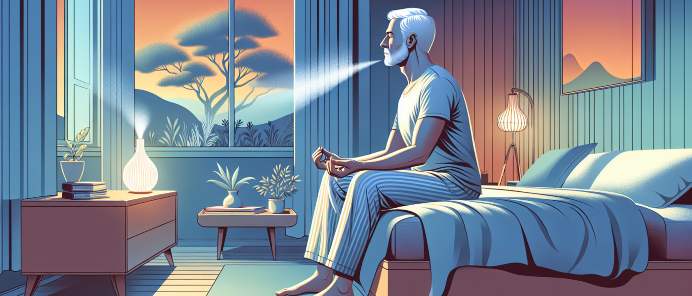 Create an image of a serene bedroom featuring a silver-haired man in comfortable sleepwear, sitting on the edge of his bed while practicing deep breathing exercises. Soft ambient lighting and a calmin