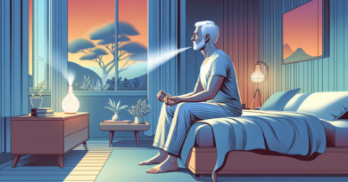 Create an image of a serene bedroom featuring a silver-haired man in comfortable sleepwear, sitting on the edge of his bed while practicing deep breathing exercises. Soft ambient lighting and a calmin