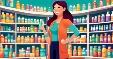 Create a detailed image of a cheerful health store filled with a wide variety of supplement bottles neatly displayed on shelves labeled 'Energy Boost,' 'Fatigue Relief,' and 'Vitality.' Include a frie