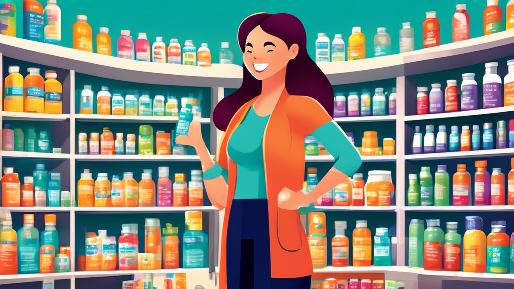 Create a detailed image of a cheerful health store filled with a wide variety of supplement bottles neatly displayed on shelves labeled 'Energy Boost,' 'Fatigue Relief,' and 'Vitality.' Include a frie