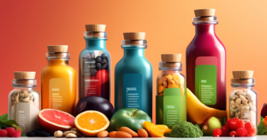 Create an image of a modern kitchen countertop displaying an assortment of colorful supplement bottles and natural foods like fruits, vegetables, and nuts. Each bottle is labeled with tags indicating