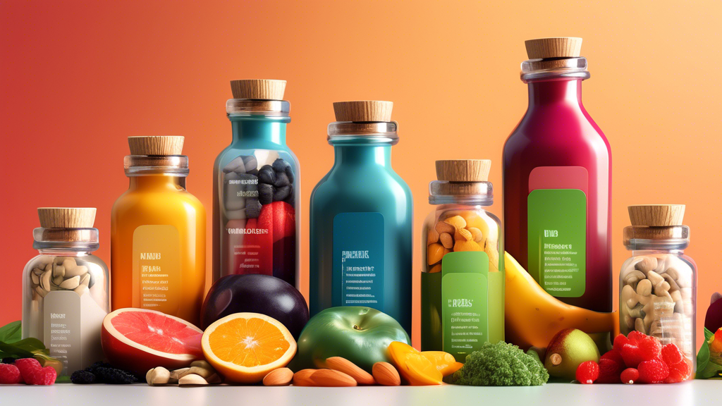 Create an image of a modern kitchen countertop displaying an assortment of colorful supplement bottles and natural foods like fruits, vegetables, and nuts. Each bottle is labeled with tags indicating