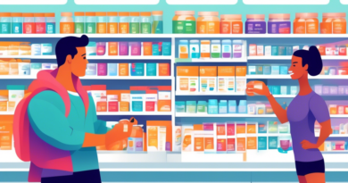 Prompt: A vibrant, modern health store interior showcasing a well-organized shelf filled with various supplements specifically labeled for muscle repair, featuring colorful packaging, detailed informa