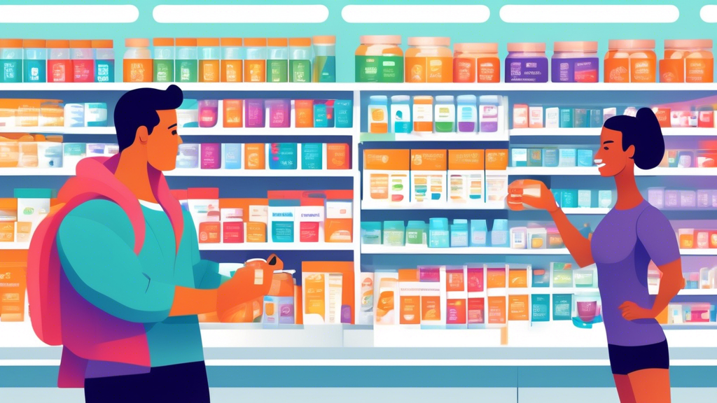 Prompt: A vibrant, modern health store interior showcasing a well-organized shelf filled with various supplements specifically labeled for muscle repair, featuring colorful packaging, detailed informa