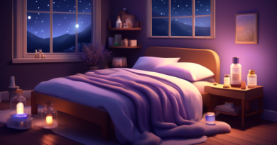 Create a serene and calming digital illustration of a cozy bedroom at night. On a bedside table, display several neatly arranged bottles labeled with natural sleep supplements such as melatonin, chamo