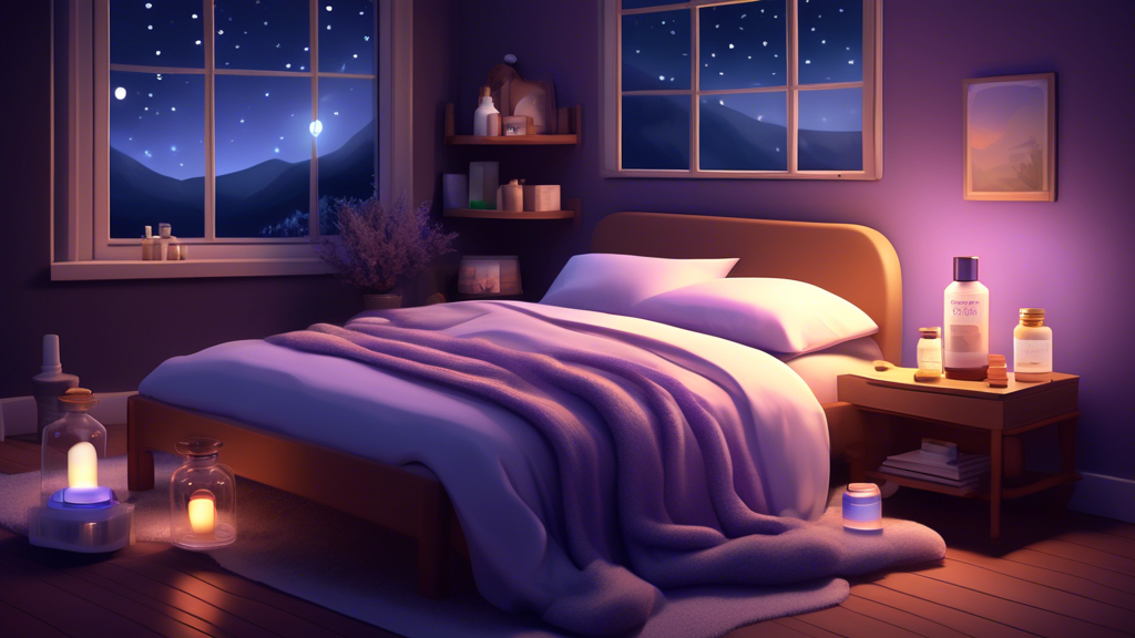 Create a serene and calming digital illustration of a cozy bedroom at night. On a bedside table, display several neatly arranged bottles labeled with natural sleep supplements such as melatonin, chamo