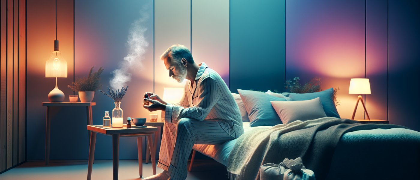A cozy bedroom where an older man in pajamas is following a relaxing pre-sleep routine: he is dimming the lights, applying lavender essential oils, and reading a book with a warm cup of herbal tea nex