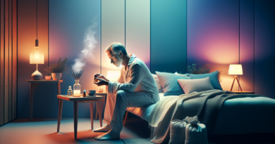 A cozy bedroom where an older man in pajamas is following a relaxing pre-sleep routine: he is dimming the lights, applying lavender essential oils, and reading a book with a warm cup of herbal tea nex