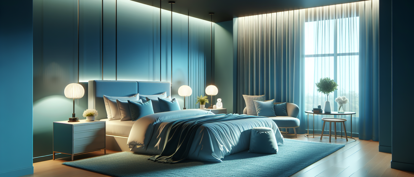 Create a cozy, serene bedroom scene with soft, ambient lighting, plush bedding, and calming colors like blues and greens. Include elements like blackout curtains, a white noise machine, a comfortable