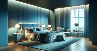 Create a cozy, serene bedroom scene with soft, ambient lighting, plush bedding, and calming colors like blues and greens. Include elements like blackout curtains, a white noise machine, a comfortable