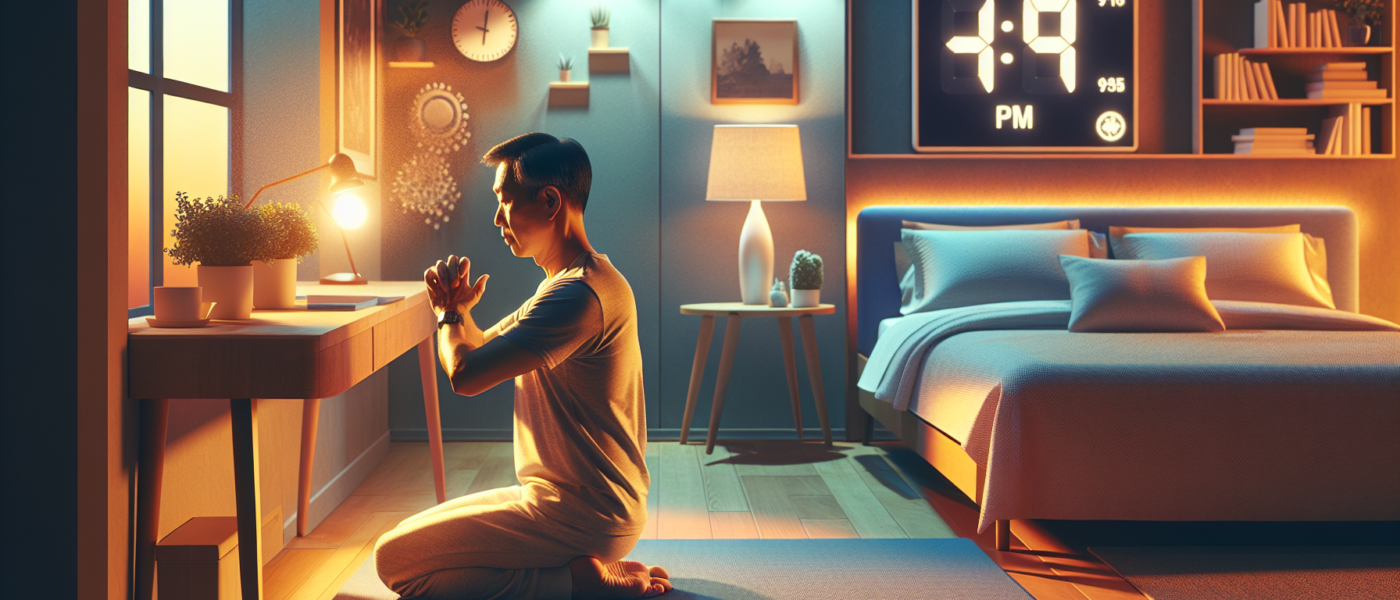 Create an image of a calm evening scene where a man in his 50s is engaging in a light yoga routine on a mat in his living room. The room is softly lit with warm lighting, and a digital clock showing 9