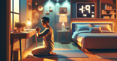 Create an image of a calm evening scene where a man in his 50s is engaging in a light yoga routine on a mat in his living room. The room is softly lit with warm lighting, and a digital clock showing 9