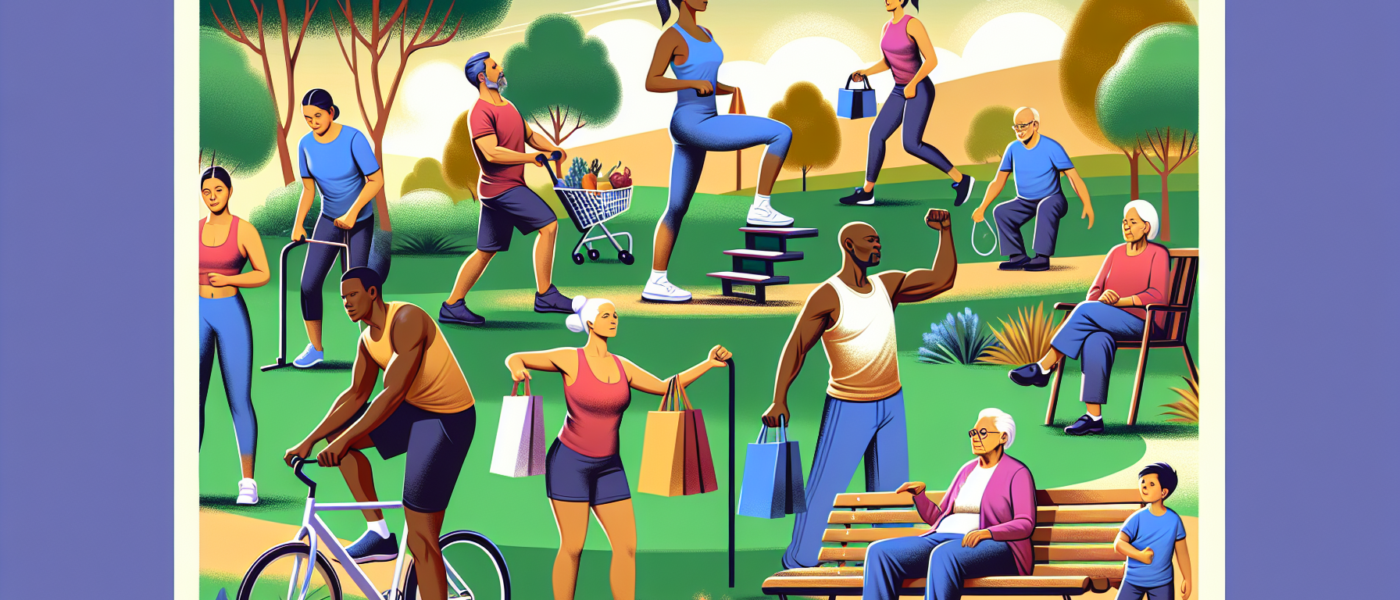 Create an image of diverse group of people engaged in various functional fitness exercises in a natural, outdoor setting like a park. Illustrate activities such as lifting grocery bags, climbing stair