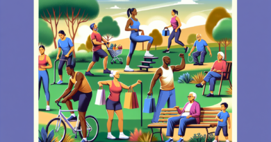 Create an image of diverse group of people engaged in various functional fitness exercises in a natural, outdoor setting like a park. Illustrate activities such as lifting grocery bags, climbing stair