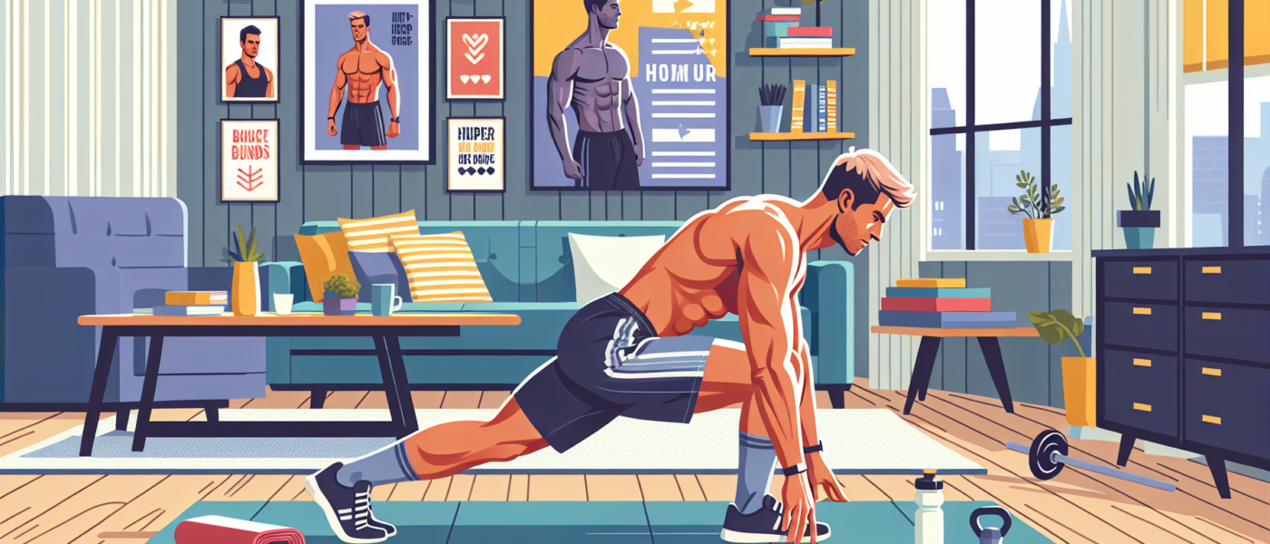 Create an image of a fit man in his early 50s working out at home. He is performing bodyweight exercises like push-ups, squats, and planks, using minimal equipment like resistance bands and dumbbells.
