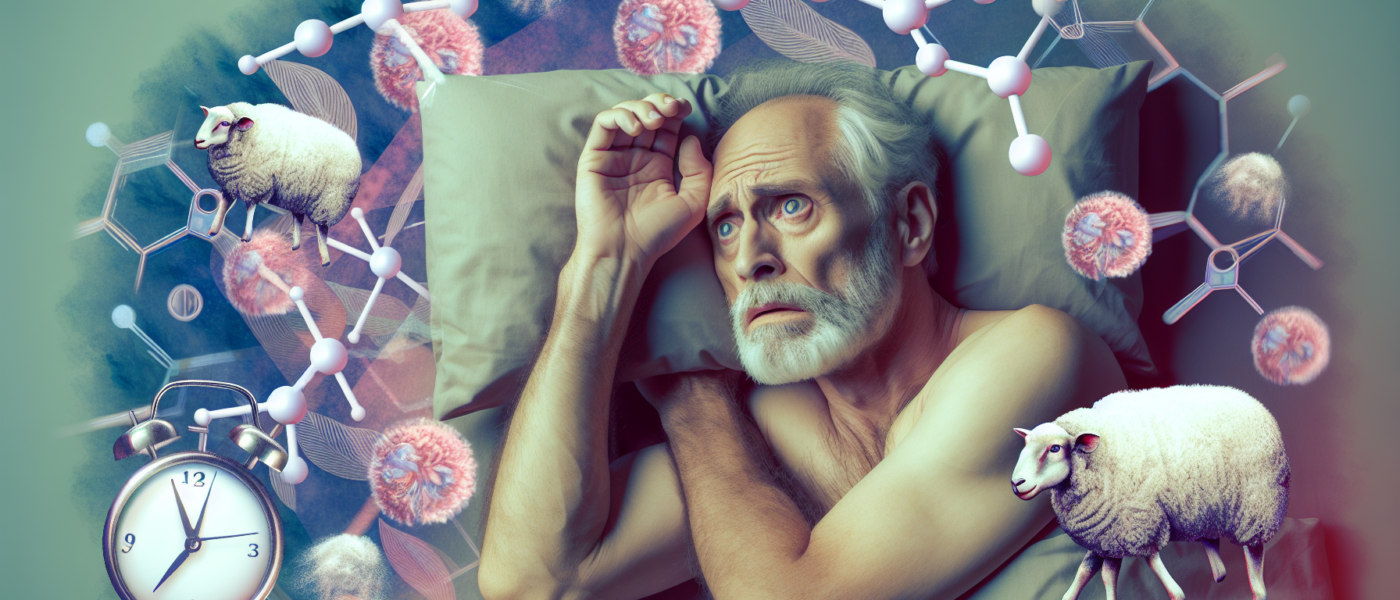 Create an illustration depicting an elderly man experiencing sleep disruptions due to hormonal changes. Show him lying in bed, looking restless and awake, with a dreamlike overlay featuring representa