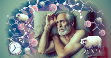 Create an illustration depicting an elderly man experiencing sleep disruptions due to hormonal changes. Show him lying in bed, looking restless and awake, with a dreamlike overlay featuring representa