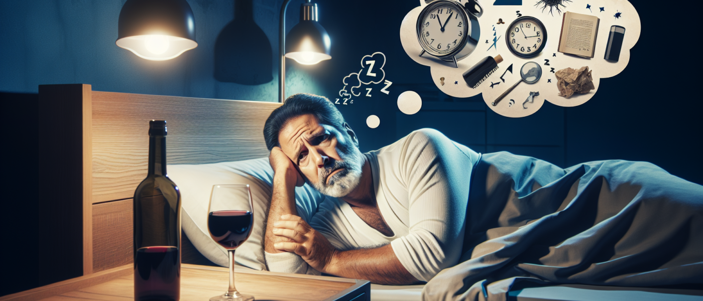 Create an image showing a middle-aged man, around 50 or older, lying in bed with a worried expression. Beside him is a bedside table with an empty wine glass and a bottle of alcohol. A thought bubble