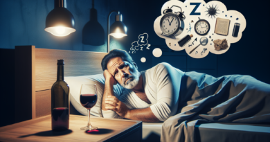 Create an image showing a middle-aged man, around 50 or older, lying in bed with a worried expression. Beside him is a bedside table with an empty wine glass and a bottle of alcohol. A thought bubble