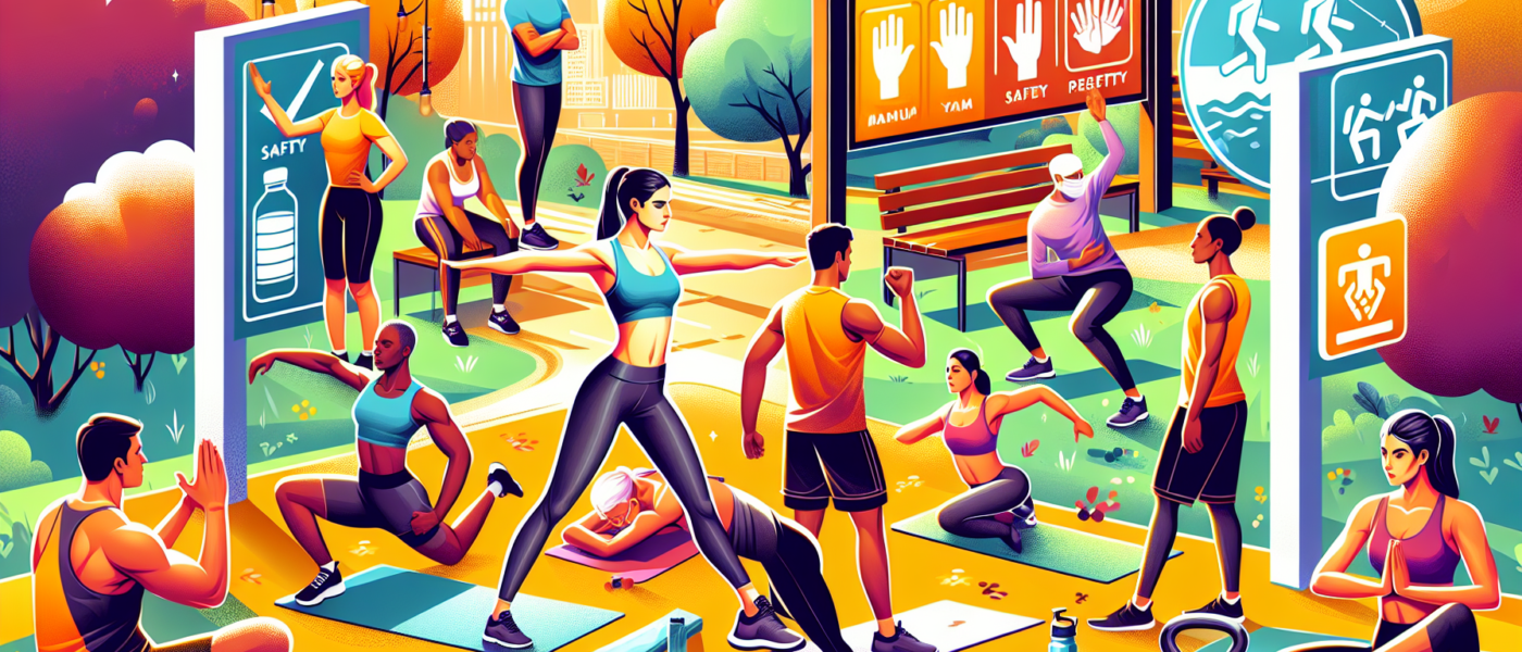 A dynamic and engaging illustration of a diverse group of people exercising safely in an outdoor park. The scene shows individuals properly warming up, stretching, and using correct techniques with va