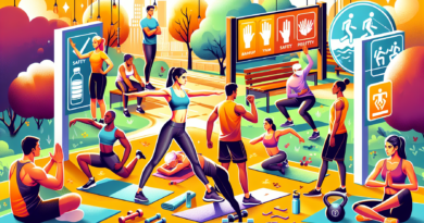 A dynamic and engaging illustration of a diverse group of people exercising safely in an outdoor park. The scene shows individuals properly warming up, stretching, and using correct techniques with va