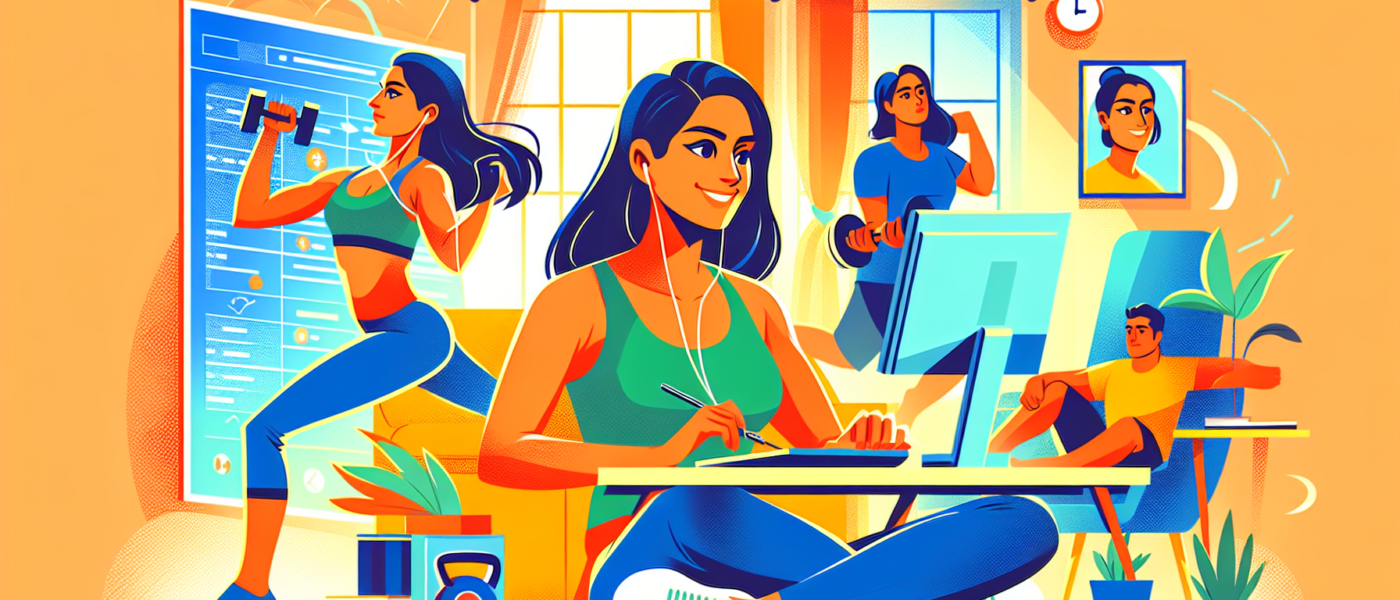 Create an illustration of a person seamlessly incorporating High-Intensity Interval Training (HIIT) into their daily routine, showcasing a balanced mix of quick, intense workouts with other daily acti