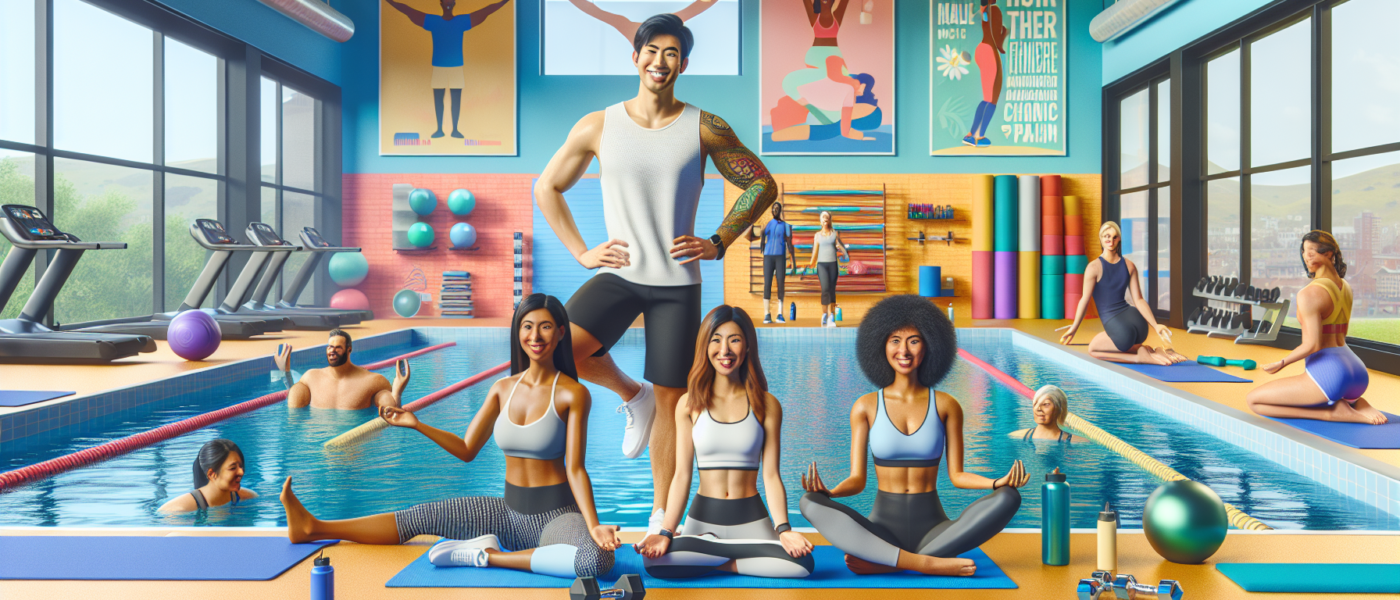 Prompt for DALL-E: A diverse group of people in a bright, inviting gym setting, engaging in various low-impact exercises like yoga, swimming, and light weightlifting. The individuals are smiling and a