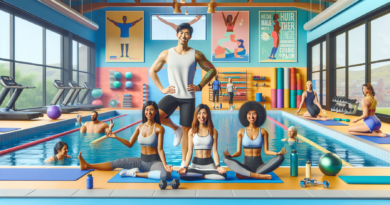 Prompt for DALL-E: A diverse group of people in a bright, inviting gym setting, engaging in various low-impact exercises like yoga, swimming, and light weightlifting. The individuals are smiling and a