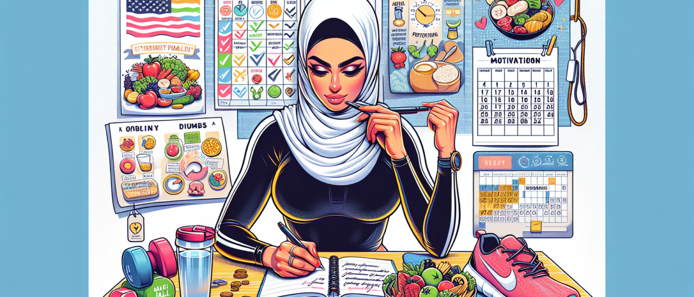Create an illustration of a person setting their fitness goals, surrounded by realistic and achievable milestones such as a balanced diet chart, a calendar with workout schedules, a progress diary, an
