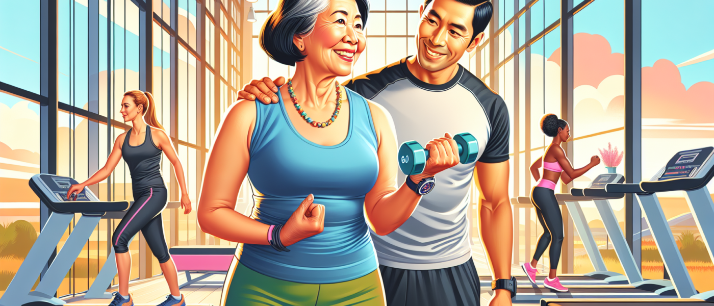 A 60-year-old woman starting her fitness journey in a bright, modern gym. She is smiling and wearing comfortable workout clothes, lifting small dumbbells with a trainer guiding her. The background sho
