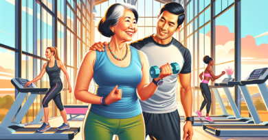 A 60-year-old woman starting her fitness journey in a bright, modern gym. She is smiling and wearing comfortable workout clothes, lifting small dumbbells with a trainer guiding her. The background sho