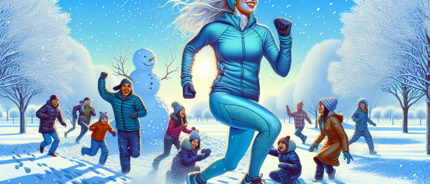 Create an image of a person jogging through a snowy park while wearing winter sports gear. The scene should include snow-covered trees, a clear blue sky, and a distant family building a snowman. In th