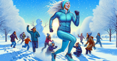Create an image of a person jogging through a snowy park while wearing winter sports gear. The scene should include snow-covered trees, a clear blue sky, and a distant family building a snowman. In th