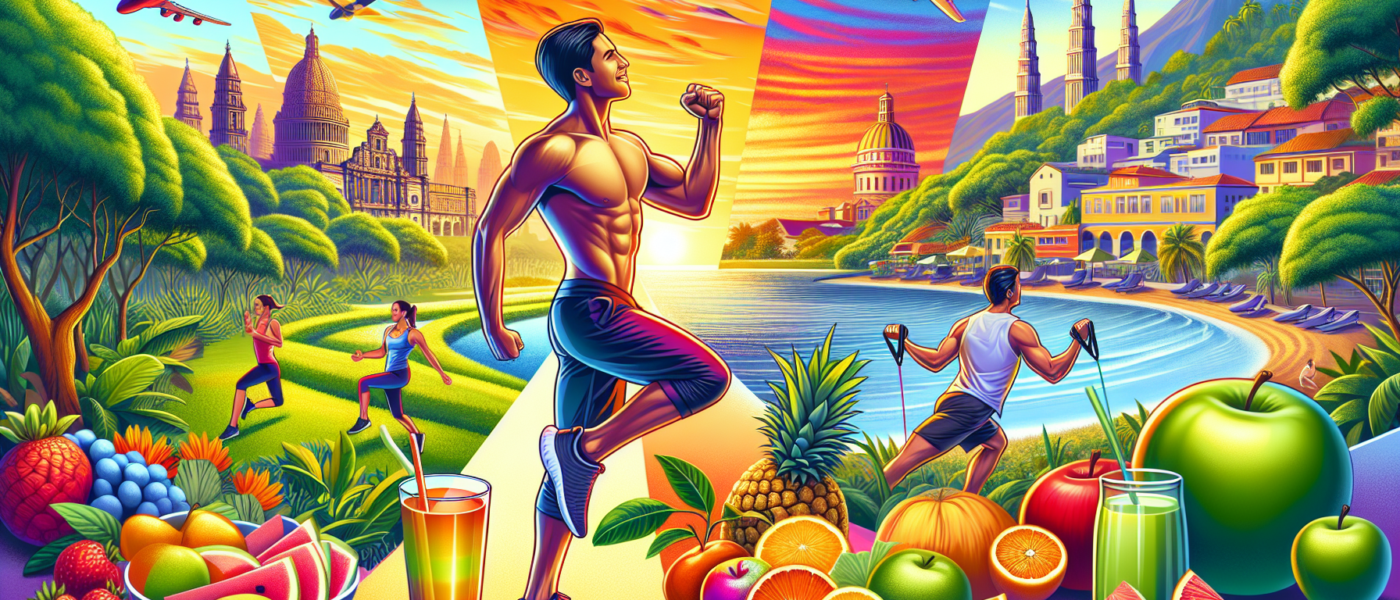 A vibrant, colorful digital illustration of a person engaging in various fitness activities while traveling. The scene includes a beautiful city backdrop with landmarks, a scenic beach, and a lush par