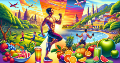 A vibrant, colorful digital illustration of a person engaging in various fitness activities while traveling. The scene includes a beautiful city backdrop with landmarks, a scenic beach, and a lush par