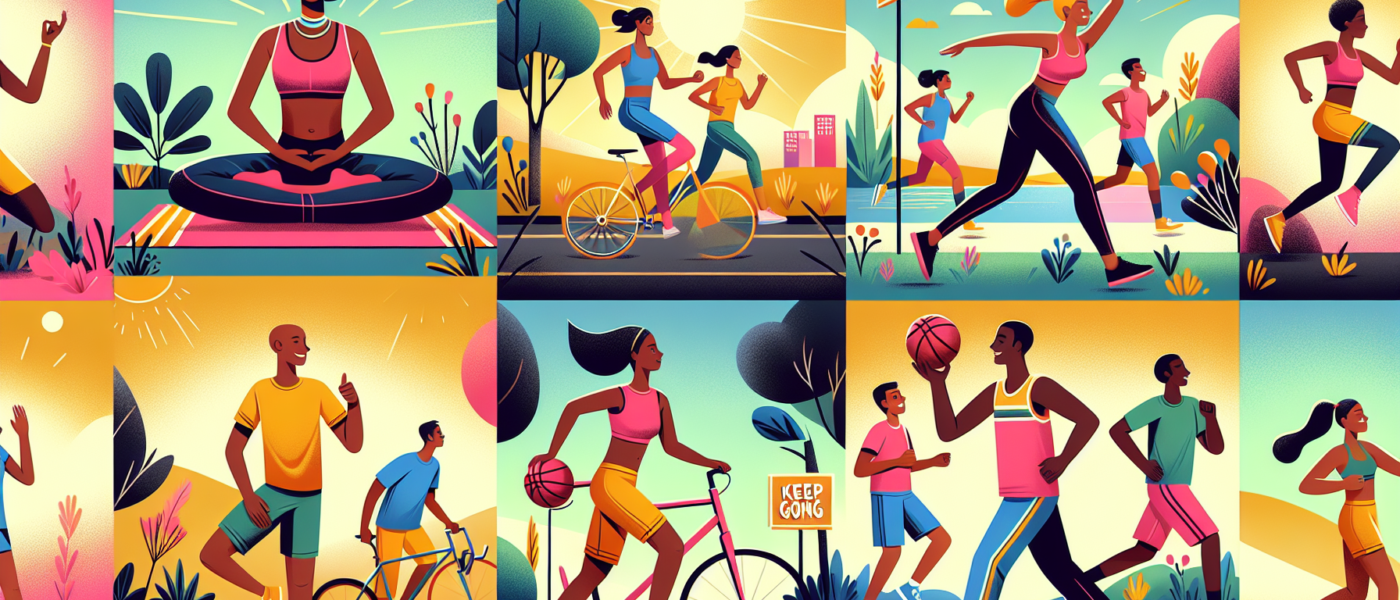 A vibrant and uplifting illustration of a diverse group of people engaging in various forms of exercise, set against a backdrop of a sunny park. Each individual is smiling and exuding energy, from a w