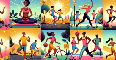 A vibrant and uplifting illustration of a diverse group of people engaging in various forms of exercise, set against a backdrop of a sunny park. Each individual is smiling and exuding energy, from a w