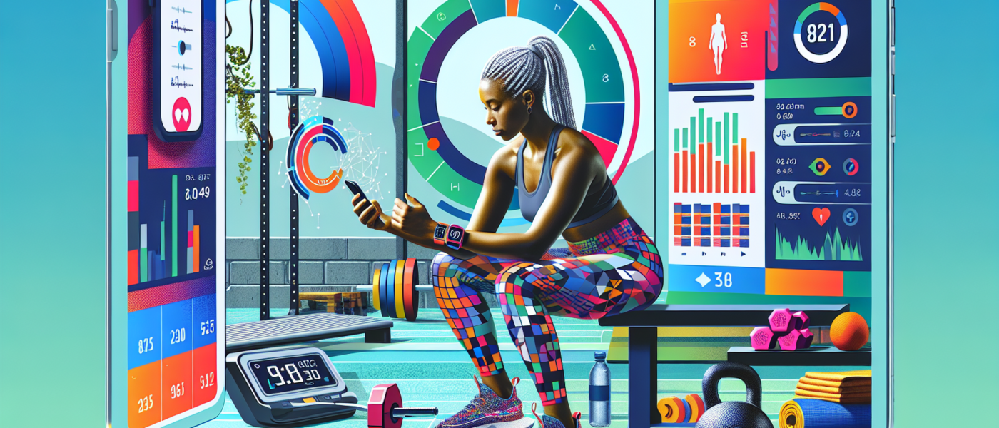 An individual using a variety of modern technology devices to track fitness progress: a sleek smartwatch displaying heart rate data, a smartphone app showing progress graphs and charts, and a digital