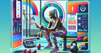 An individual using a variety of modern technology devices to track fitness progress: a sleek smartwatch displaying heart rate data, a smartphone app showing progress graphs and charts, and a digital