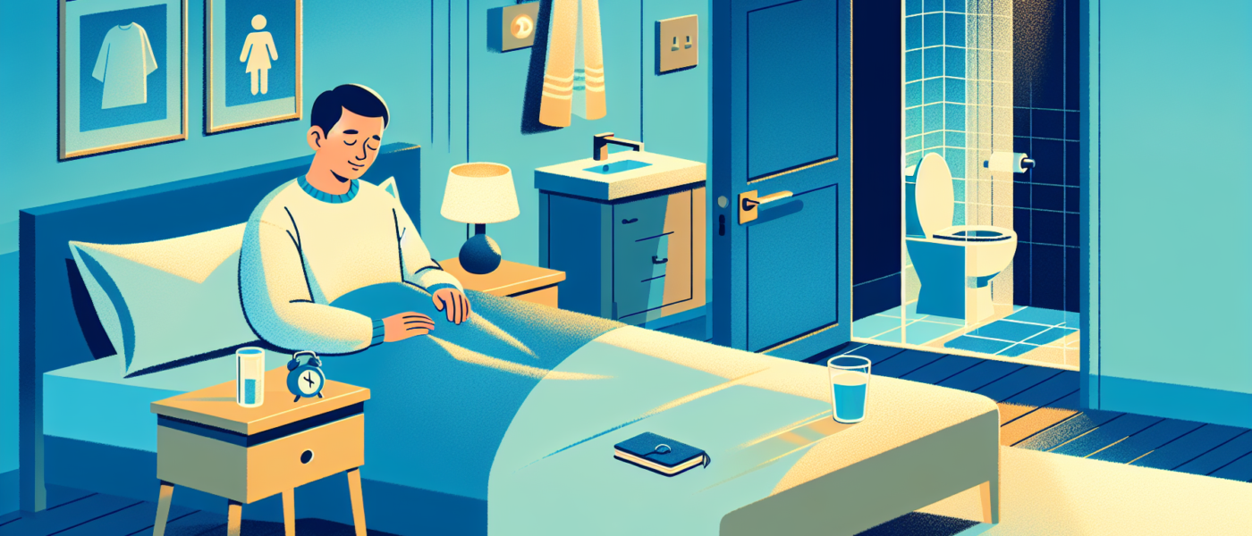 An image of a serene bedroom with calming blue tones. A man in his 50s, dressed in comfortable nightwear, is lying in bed with a peaceful expression. On the nightstand, there's a glass of water, a sma