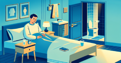 An image of a serene bedroom with calming blue tones. A man in his 50s, dressed in comfortable nightwear, is lying in bed with a peaceful expression. On the nightstand, there's a glass of water, a sma