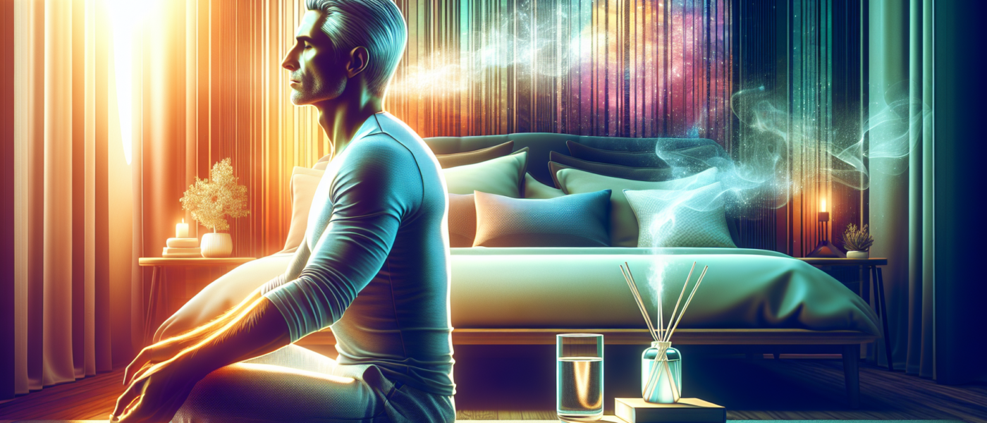 A 50+ man with silver hair practicing meditation in a serene bedroom; gentle evening light filters through the window. In the background, a neatly made bed with soft pillows and a cozy blanket invites