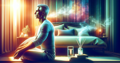 A 50+ man with silver hair practicing meditation in a serene bedroom; gentle evening light filters through the window. In the background, a neatly made bed with soft pillows and a cozy blanket invites